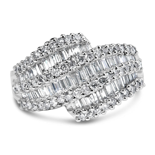 14K white gold diamond cocktail ring band with a row of round diamonds