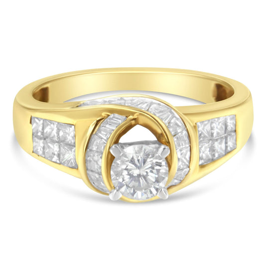 14K two-tone gold ring with round, baguette and princess cut diamond stones
