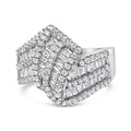 14K white gold ring with round and baguette diamond stones in bypass band