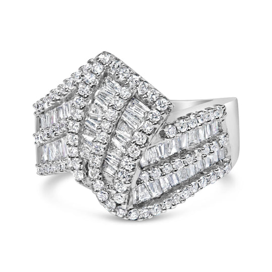 14K white gold ring with round and baguette diamond stones in bypass band