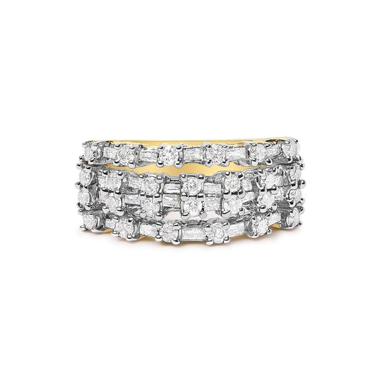 14K Yellow Gold 1.0 Cttw Round and Baguette Diamond Multi-Row Band Ring-0