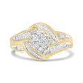 10K white and yellow gold ring with cluster and swirl diamond stones