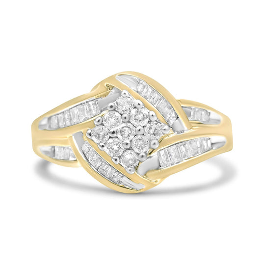 10K white and yellow gold ring with cluster and swirl diamond stones