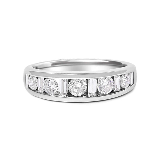 14K White Gold Alternating 1.0 Cttw Round and Baguette Diamond Channel Band Ring-0