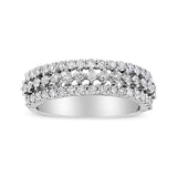 14K white gold ring with three rows of round diamond stones thumbnail 1