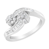 14K white gold ring with round and baguette diamond stones in bypass design thumbnail 1
