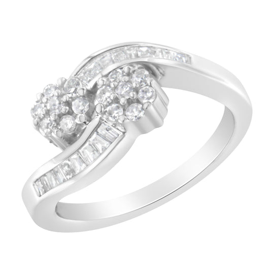 14K white gold ring with round and baguette diamond stones in bypass design