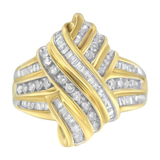 10K yellow gold bypass ring with 1.0 ctw diamond stones in crossover bands