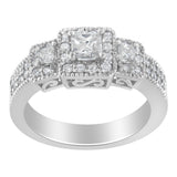 14K white gold ring with three round and princess-cut diamond stones thumbnail 1