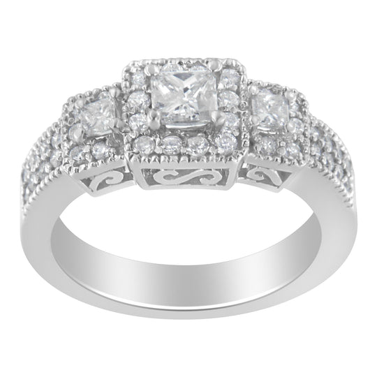 14K White Gold Round and Princess-Cut Diamond Three Stone Ring (1 Cttw, H-I Color, I1-I2 Clarity)-0