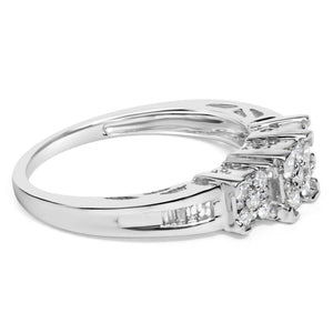 10K White Gold 1/2 Cttw Brilliant & Baguette Cut Diamond 3 Stone Design with 3 Square Clusters Engagement Ring (H-I Color, SI2-I1 Clarity)-1