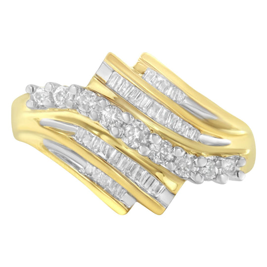 10K yellow gold ring with round and baguette diamond-cut stones