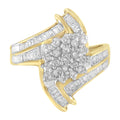 10K yellow gold ring with round and baguette diamond cluster