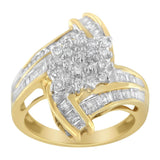 10K Yellow Gold Round and Baguette-Cut Diamond Bypass Cluster Ring (1.0 Cttw, I-J Color, I1-I2 Clarity)-3 thumbnail 4