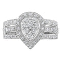 10K white gold teardrop ring with clustered round diamond stones