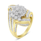 10K Yellow Gold Round and Baguette Diamond Crossover Cluster Ring (3 Cttw, I-J Color, I1-I2 Clarity)-4 thumbnail 5