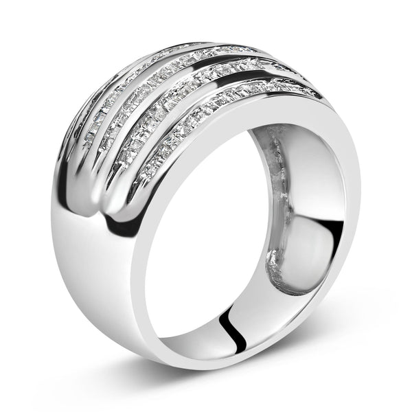 Silver 1.0 Cttw Channel Set Baguette Diamond 6-Row Domed Cocktail Ring