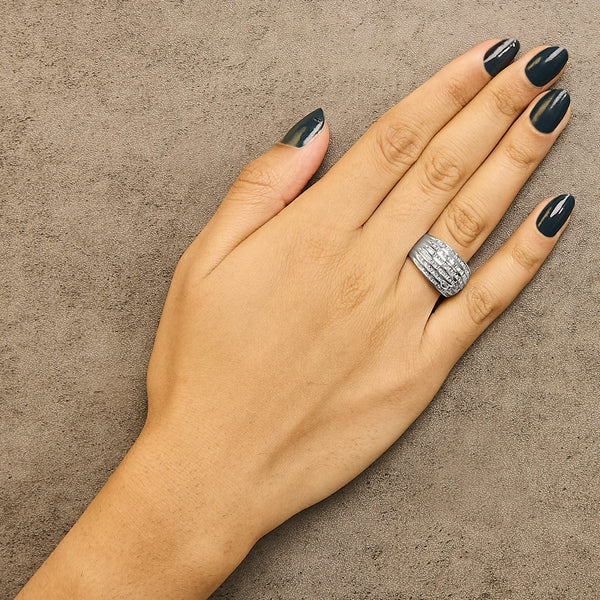 .925 Sterling Silver 1.0 Cttw Baguette-Cut Diamond 6-Row Channel Set Domed Tapered Cocktail Fashion Ring (H-I Color, I2-I3 Clarity)