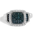 925 sterling silver ring with blue and white diamonds in a square halo setting