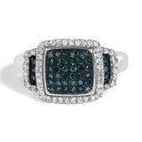 925 sterling silver ring with blue and white diamonds in a square halo setting thumbnail 1