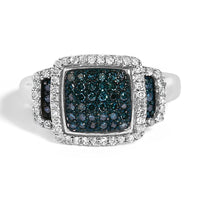 Black Rhodium Plated .925 Sterling Silver 1/2 Cttw White & Blue Diamond Square Halo Cocktail Ring (Fancy Blue & H-I Color, I2-I3 Clarity)