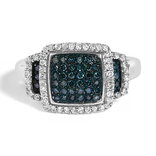 925 sterling silver ring with blue and white diamonds in a square halo setting