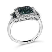 Black Rhodium Plated .925 Sterling Silver 1/2 Cttw White & Blue Diamond Square Halo Cocktail Ring (Fancy Blue & H-I Color, I2-I3 Clarity)-3