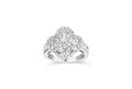 14K white gold ring with round and baguette diamond stones in floral cluster