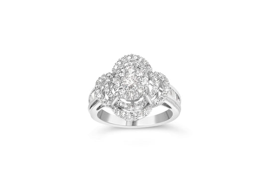 14K white gold ring with round and baguette diamond stones in floral cluster