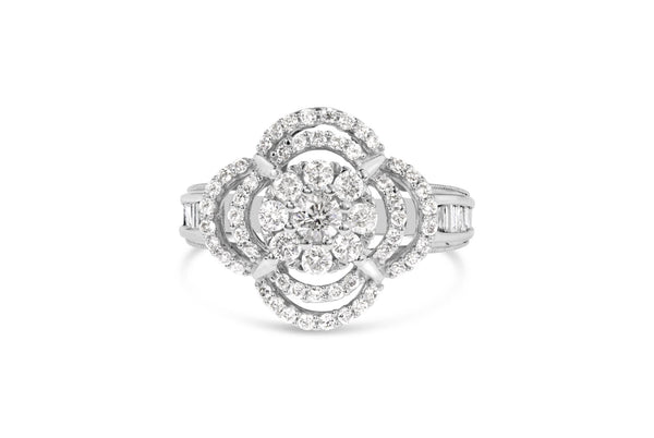 14K White Gold 1.0 Cttw Round & Baguette Cut Diamond Floral Cluster Quatrefoil Channel Set Band Cocktail Statement Ring (H-I Color, SI2-I1 Clarity)