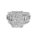 14K white gold ring with mixed-cut diamond invisible-set rectangle cluster and channel band