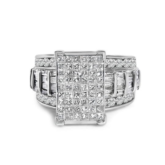 14K white gold ring with mixed-cut diamond invisible-set rectangle cluster and channel band