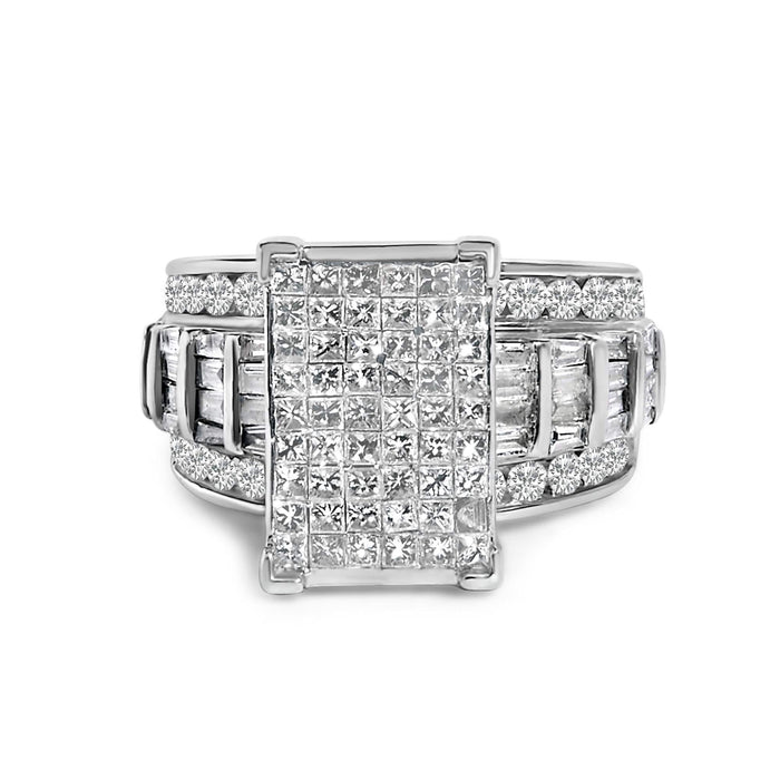 14K White Gold 2.0 Cttw Mixed-Cut Diamond Rectangle Invisible-Set Composite Cluster Ring with Bar- and Channel-Set Band (H-I Color, SI2-I1 Clarity)