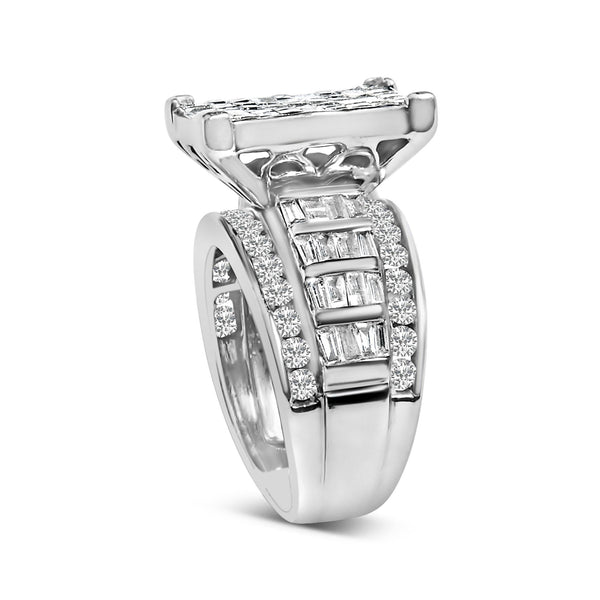 14K White Gold 2.0 Cttw Mixed-Cut Diamond Rectangle Invisible-Set Composite Cluster Ring with Bar- and Channel-Set Band (H-I Color, SI2-I1 Clarity)