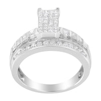 14K White Gold 1.0 Cttw Mixed-Cut Diamond Rectangle Invisible-Set Composite Cluster Ring with Bar- and Channel-Set Band (H-I Color, SI2-I1 Clarity)