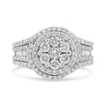 14K white gold halo ring with floral cluster and studded shank diamonds