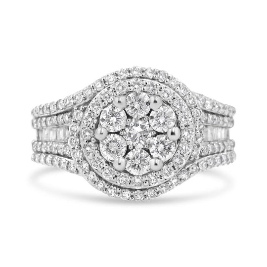 14K white gold halo ring with floral cluster and studded shank diamonds
