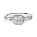 925 sterling silver ring with princess-cut diamond stones in a beaded halo