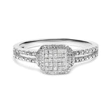 925 sterling silver ring with princess-cut diamond stones in a beaded halo thumbnail 1