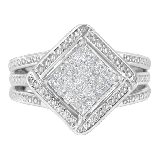 925 sterling silver ring with princess cut diamonds in a square on-point cluster
