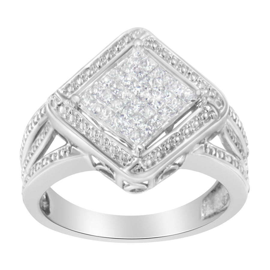 .925 Sterling Silver 2/5 Cttw Princess Cut Diamond Square On Point Cluster Composite Cocktail Ring (H-I Color, SI1-SI2 Clarity)