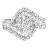 14K white gold ring with round and baguette diamond floral cluster thumbnail 1
