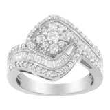 14K White Gold 1.0 Cttw Baguette & Brilliant-Cut Diamond Round Floral Cluster Engagement or Fashion Ring with Swirl Wrapped Triple Row Band (H-I Color, SI2-I1 Clarity)-1 thumbnail 2