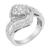 14K White Gold 1.0 Cttw Baguette & Brilliant-Cut Diamond Round Floral Cluster Engagement or Fashion Ring with Swirl Wrapped Triple Row Band (H-I Color, SI2-I1 Clarity)-3 thumbnail 4
