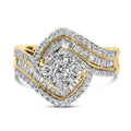 14K Yellow Gold 1.0 Cttw Baguette & Brilliant-Cut Diamond Round Floral Cluster Engagement or Fashion Ring with Swirl Wrapped Triple Row Band (H-I Color, SI2-I1 Clarity)-0