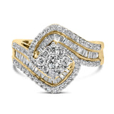 14K Yellow Gold 1.0 Cttw Baguette & Brilliant-Cut Diamond Round Floral Cluster Engagement or Fashion Ring with Swirl Wrapped Triple Row Band (H-I Color, SI2-I1 Clarity)-0 thumbnail 1