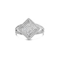 925 sterling silver ring with princess-cut diamond stones in beaded halo