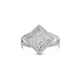 925 sterling silver ring with princess-cut diamond stones in beaded halo thumbnail 1