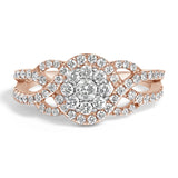 10K rose gold ring with cluster of round diamond stones in floral head thumbnail 1