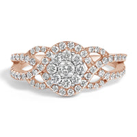 10K Rose Gold 3/4 Cttw Diamond Floral Cluster Head and Twisted Shank Cocktail  Ring (H-I Color, SI1-SI2 Clarity)-